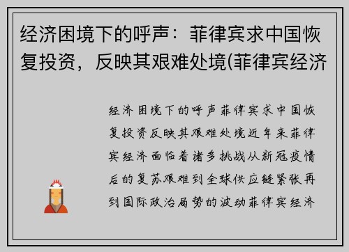 经济困境下的呼声：菲律宾求中国恢复投资，反映其艰难处境(菲律宾经济开始复苏)