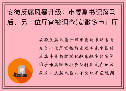 安徽反腐风暴升级：市委副书记落马后，另一位厅官被调查(安徽多市正厅领导调整)