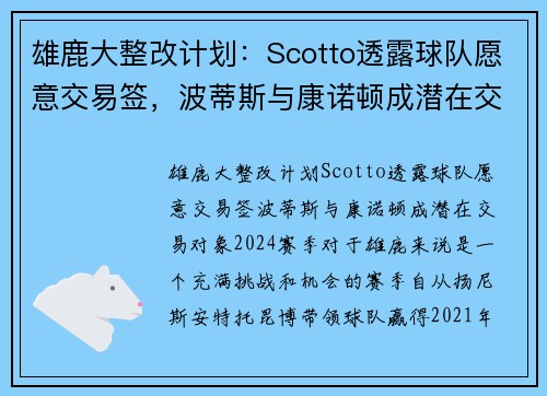 雄鹿大整改计划：Scotto透露球队愿意交易签，波蒂斯与康诺顿成潜在交易对象